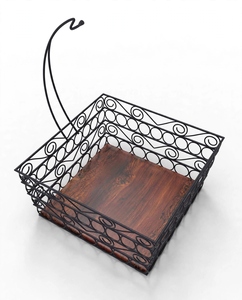 Corbeille à fruits carrée écologique en fil métallique avec support pour bananes et base en bois de manguier, noir, pour comptoir de cuisine - Product Image 2
