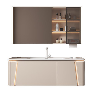New Beige Bathroom <b>Vanity</b> with Bear-Shaped LED Smart <b>Mirror</b> Integrated Ceramic Sink - Product Image 5