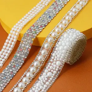 fashion bling Clothing accessories pearl trim chain hot melt adhesive cup rhinestone chain for decoration