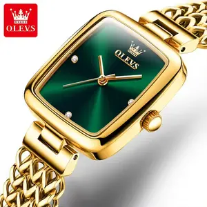 OLEVS 9948 Montres-bracelets pour femmes Montre carrée en or à visage vert Montres à quartz de luxe