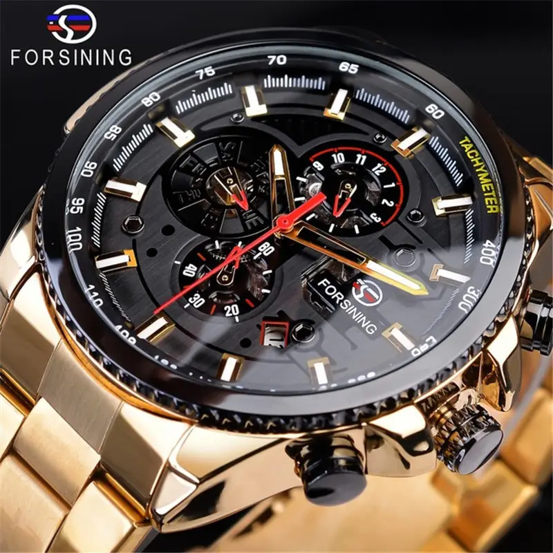 ماركة Forsining GMT1137 رخيصة Men'S الفولاذ المقاوم للصدأ الذهب الهيكل العظمي التلقائية الميكانيكية ساعة معصم رجالي فاخر