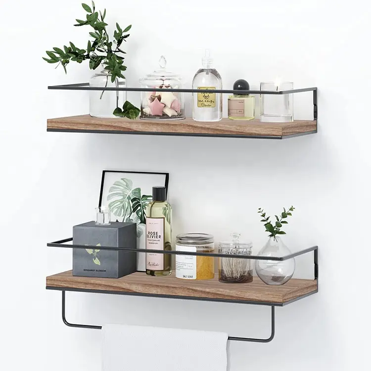 Kitchen Rustic Wall Mounted Hanging Shelves with Black Towel Rack for Bathroom