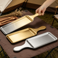 Plateau rectangulaire doré en acier inoxydable coréen moderne FLEY, base plate, pour barbecue, assiette à viande pivotante, vaisselle multifonctionnelle pour steak