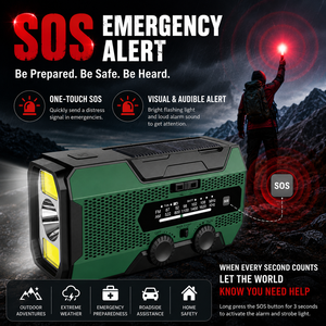 Radio d'urgence portable avec lampe de poche LED, récepteur FM AM, batterie rechargeable, alarme SOS, haut-parleur intégré, vert - Product Image 3
