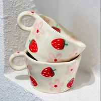 Mug en céramique style rétro coréen, peint à la main, motif fleur de fraise, élégant, résistant à la chaleur, passe au lave-vaisselle, cadeau d'affaires