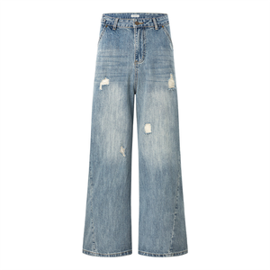 Jean ample mi-taille en denim vintage déchiré style punk américain pour homme, coupe large, longueur au sol, effet délavé à l'encre, tendance streetwear - Product Image 4