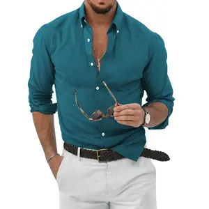 2024 Wholesale Custom Men Shirts Linen Cotton Long Sleeve Casual Shirts Formal Dress Business Wear Pure Color Shirt For Men