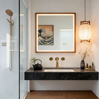 Miroir de salle de bain rétroéclairé anti-buée Kingstin - Cadre en acier inoxydable, miroir de coiffeuse mural pour salles de bain de style bois