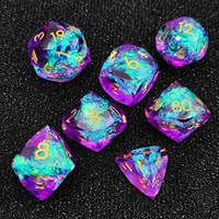 Ensemble de dés DND en résine Aurora bleu violet faits à la main, 7 pièces, dés polyédriques à bords tranchants, chiffres dorés, Dungeons & Dragons, jeu de rôle de table