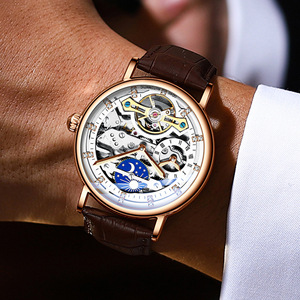 Binbond Men's Skeleton Mechanical Watch 44mm Automatic Tourbillon Dual Time Zone Leather Strap Round Dial - Product Image 2