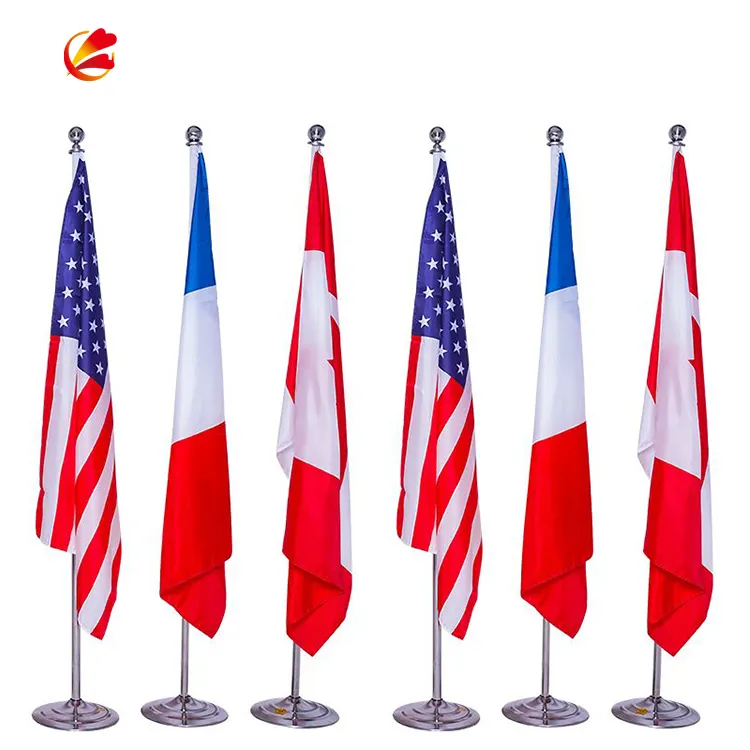 Adjustable indoor office floor free standing on the floor base office gold silver color stainless steel flag stand pole set