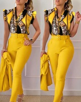 Ensemble Deux Pièces Élégant pour Femme : Blouse Imprimée Sans Manches et Pantalon, Idéal pour Bureau et Tenue Décontractée