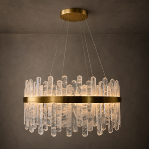 Luminaire suspendu circulaire en cristal pour intérieur, barre verticale transparente, anneau en laiton poli, lumière LED, télécommande, hauteur réglable pour - Product Image 2