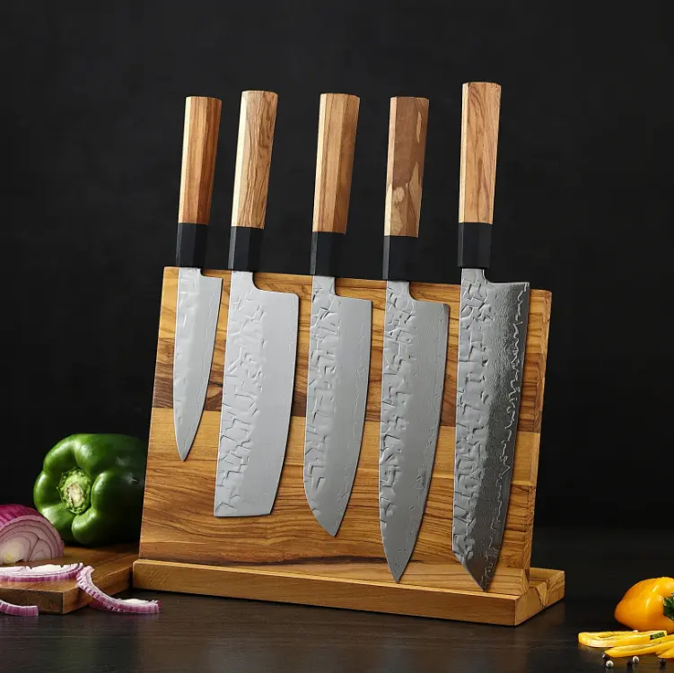 6 Stück in einem Satz W/Octagon Olived Handle Japanisches Damaskus-Messerset mit magnetischem Holzblock halter
