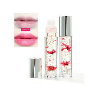 Private Label gold foil clear glossy lip gloss with flower temperature colour changing lipgloss base roller lip gloss