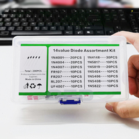 Kit de 200 diodes de différentes valeurs (14 types) : 1N4001, 1N4004, 1N4007, 1N4148, 1N5817, 1N5819, 1N5404, 1N5406, 1N5408, 1N5822, UF4007, FR107, FR207, RL207