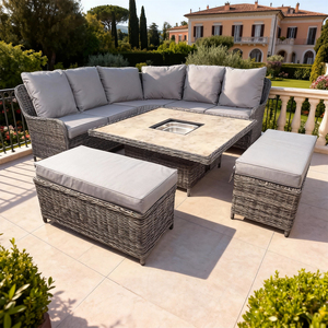 Premium Outdoor Rattan Patio Set with Stone Fire Pit Table <strong>Storage</strong> Ottomans Custom Colors Luxury <strong>Garden</strong> Terrace <strong>Seating</strong> for Home - Product Image 2