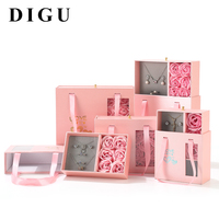 Kotak Perhiasan Custom Bunga Mawar DIGU 9 Pcs, untuk Cincin, Kalung, Anting, Kotak Kemasan Perhiasan Kertas Pink dengan Jendela Transparan, Kotak Hadiah
