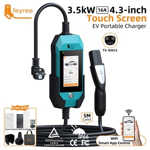 Cargador para Vehículos Eléctricos Feyree de 3.5kW NACS para el Hogar con Enchufe CEE, Corriente Ajustable de 8-32A, Pantalla Táctil HD de 4.3 Pulgadas, EVSE Doméstico con Actualización OTA por Aplicación - Product Image 1