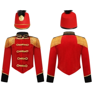 Costume de batteur victorien pour enfants, ensemble veste et chapeau, rouge, bleu, noir avec garniture dorée, pour spectacle de carnaval de Noël - Product Image 2
