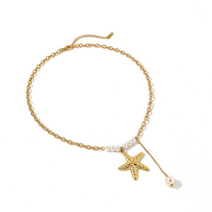 Collier en acier inoxydable en forme d'étoile de mer avec perles d'imitation plaqué or 18 carats style européen pour un usage quotidien - Product Image 4