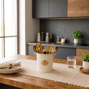 Élégant porte-couverts en métal crème avec poignées dorées et logo ovale pour la cuisine - Product Image 5