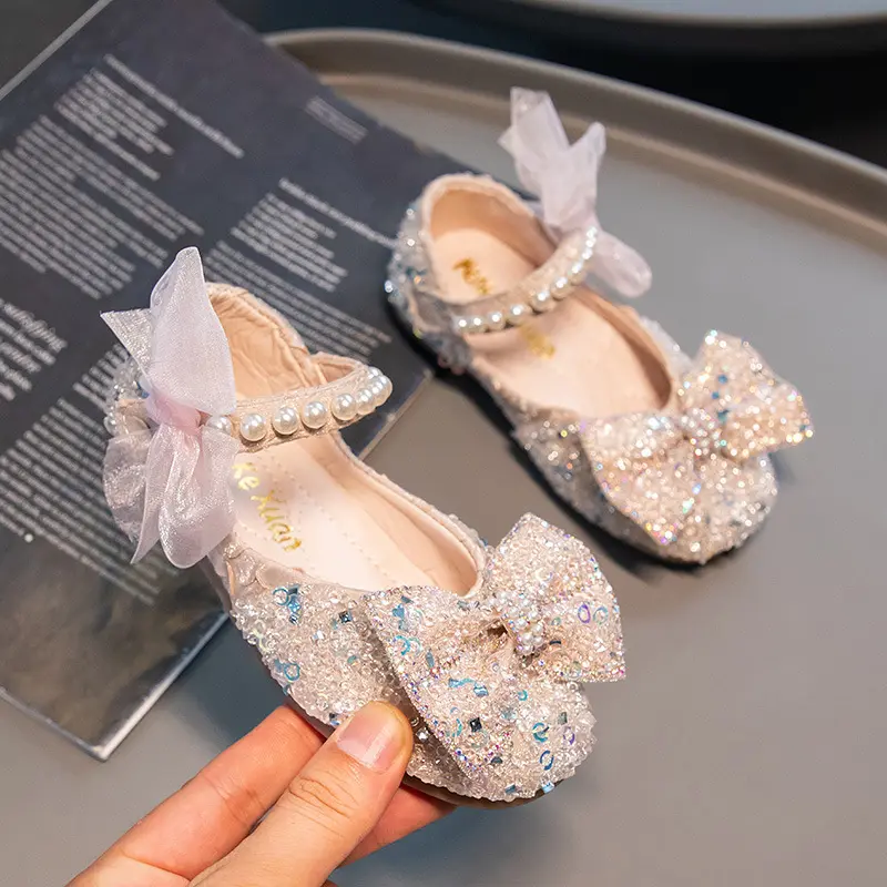 Zapatos antideslizantes para niños, zapatos de princesa con suela blanda para niñas, zapatos de princesa con lazo de perlas para niños