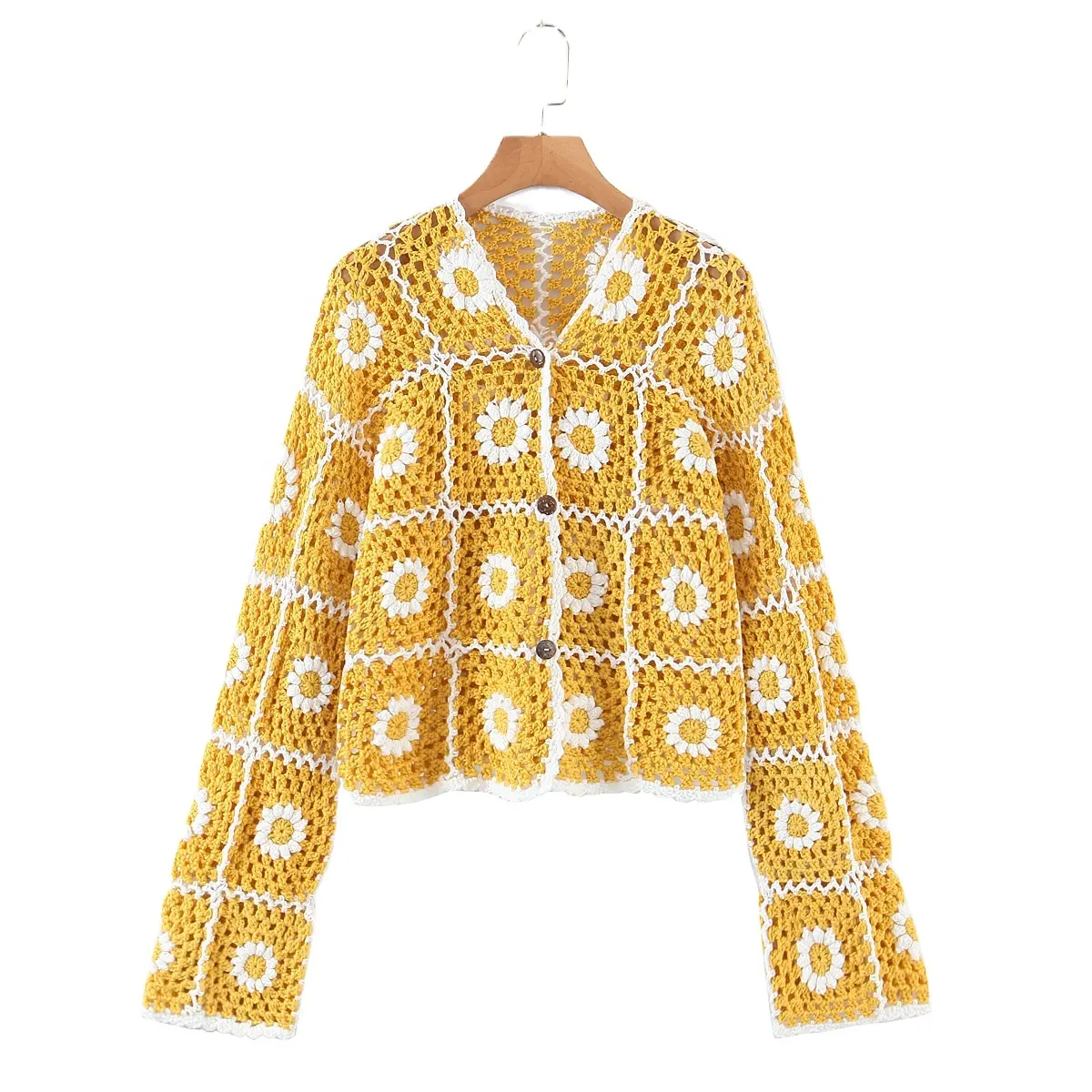 Chaqueta de suéter de ganchillo con cuadrados de margaritas para mujer, cárdigan bohemio con flores soleadas, amarillo con margaritas blancas, botón frontal, talla única