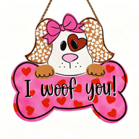 Panneau suspendu en bois pour la Saint-Valentin avec nœud I Woof You Pet Dog Welcome Wreath Signs Pink Door Decor Indoor Outdoor Wall Window