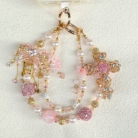 Breloque de téléphone personnalisée en cristal rose fait main, double couche de perles, cordon de téléphone perlé, ornement de mode, porte-clés pour cadeau
