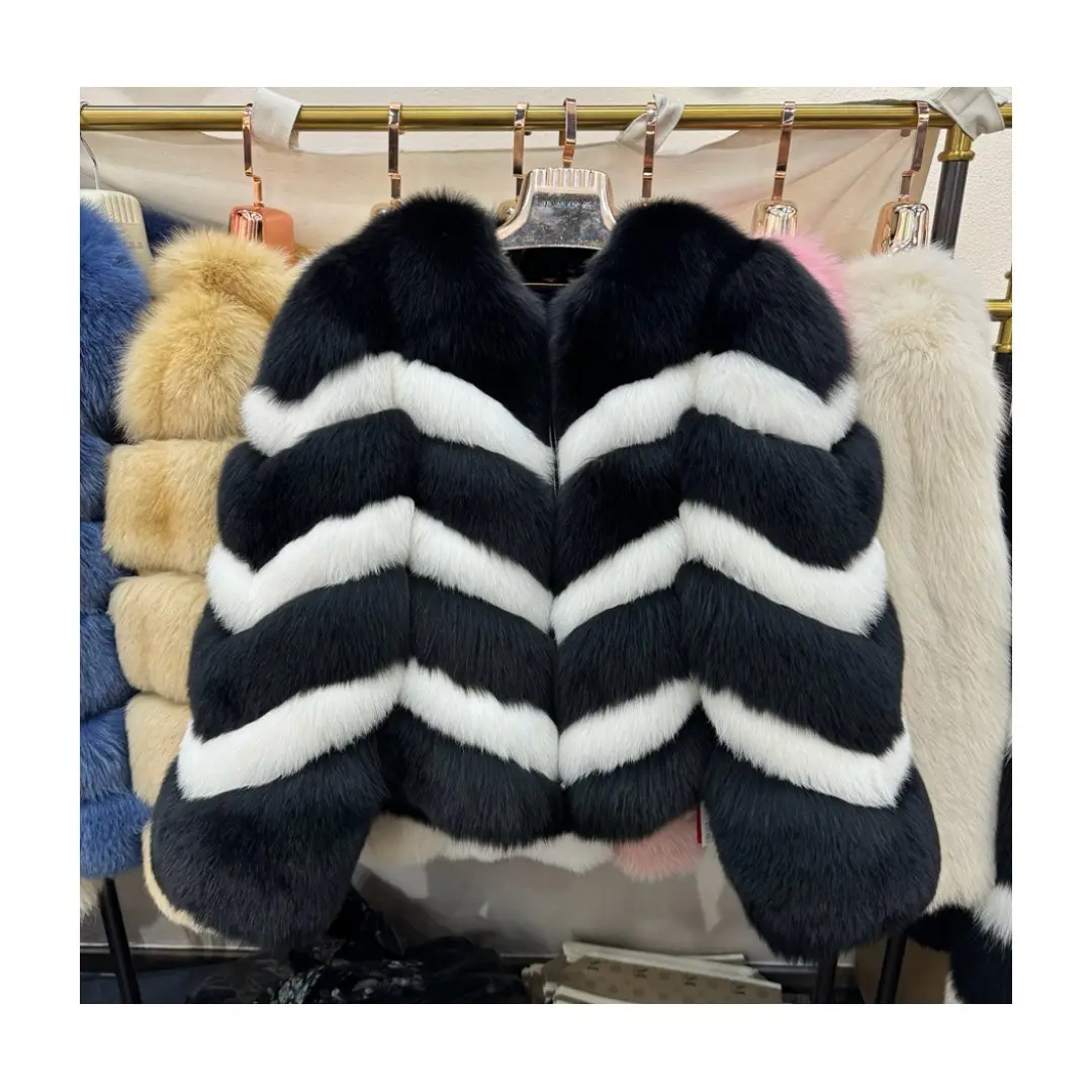 RX Furs, venta al por mayor, logotipo personalizado, ODM, OEM, abrigo pesado, ropa para exteriores, abrigo grueso de zorro a rayas blancas y negras, chaqueta de piel