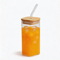 Gobelet en verre de 350 ml (12 oz) de forme carrée, style Ins, pour bière, lait, café glacé, thé, compatible micro-ondes et lave-vaisselle, avec couvercle en bambou et paille en verre