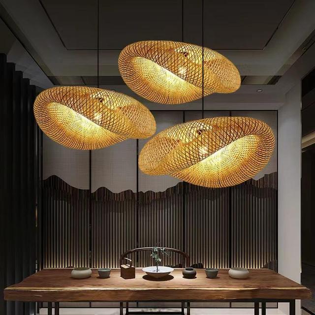 Big Bamboo Weave Lighting Straw Rustic Rattan Art Chandelier Led Lamp Pendant Light Wicker Lamp Shade Chandelier for Dining Room