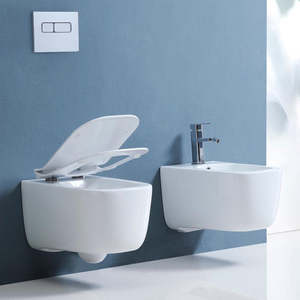 MedaHome Rimless Rubino Cerámica con Curado Térmico, Vaso Suspendido sin Brida, Blanco Pulido, Tapa de Cierre Suave, Extractor de Pared - Product Image 1
