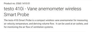 Anémomètre intelligent sans fil Testo 410i Mini Vane 0560 1410 Instrument de mesure de la vitesse du vent - Product Image 3