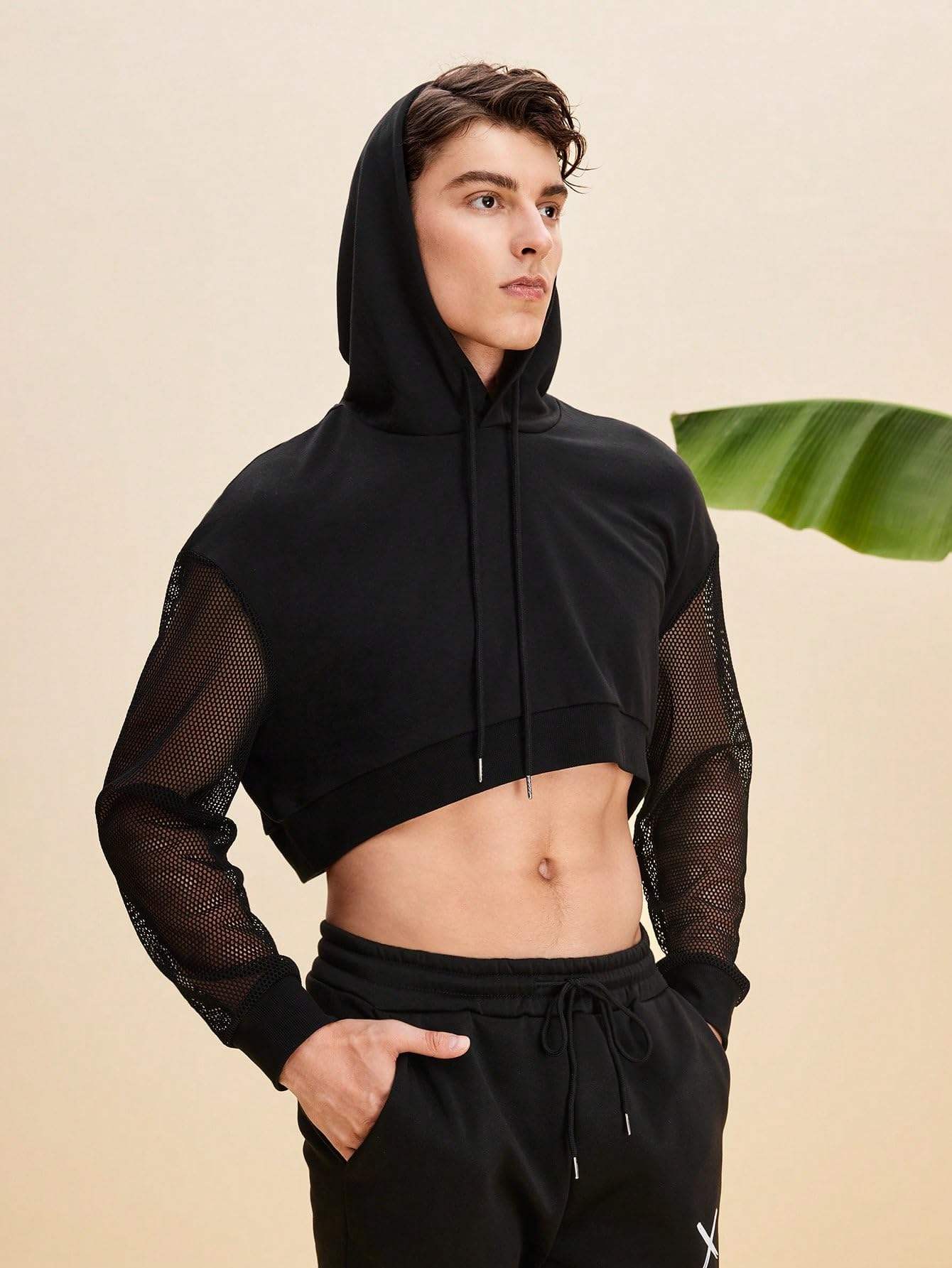 Black Drawstring Hooded Crop Sweatshirt Black Drawstring Mesh Long