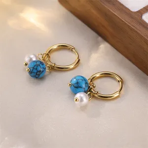 Vintage 18K Gold Stainless Steel Turquoise Natural Bead Pendant Hoop Pearl Earrings For Women