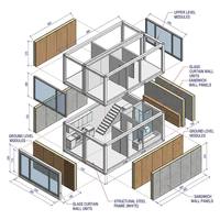Module de bureau modulaire haut de gamme à 2 niveaux, maison préfabriquée moderne blanche, studio de jardin portable, salle d'exposition, murs en verre panoramiques, structure en acier