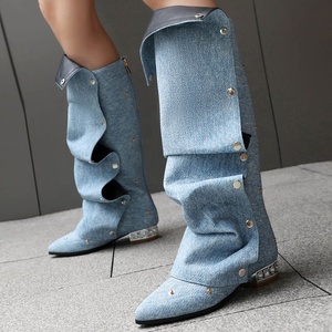 Bottes hautes en jean pour femme, grande taille 48, coupe large, avec rivets métalliques, tige plissée, talons carrés bas - Product Image 3