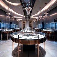Vitrine de présentation de bijoux en acier inoxydable couleur or rose, comptoir rond avec éclairage LED