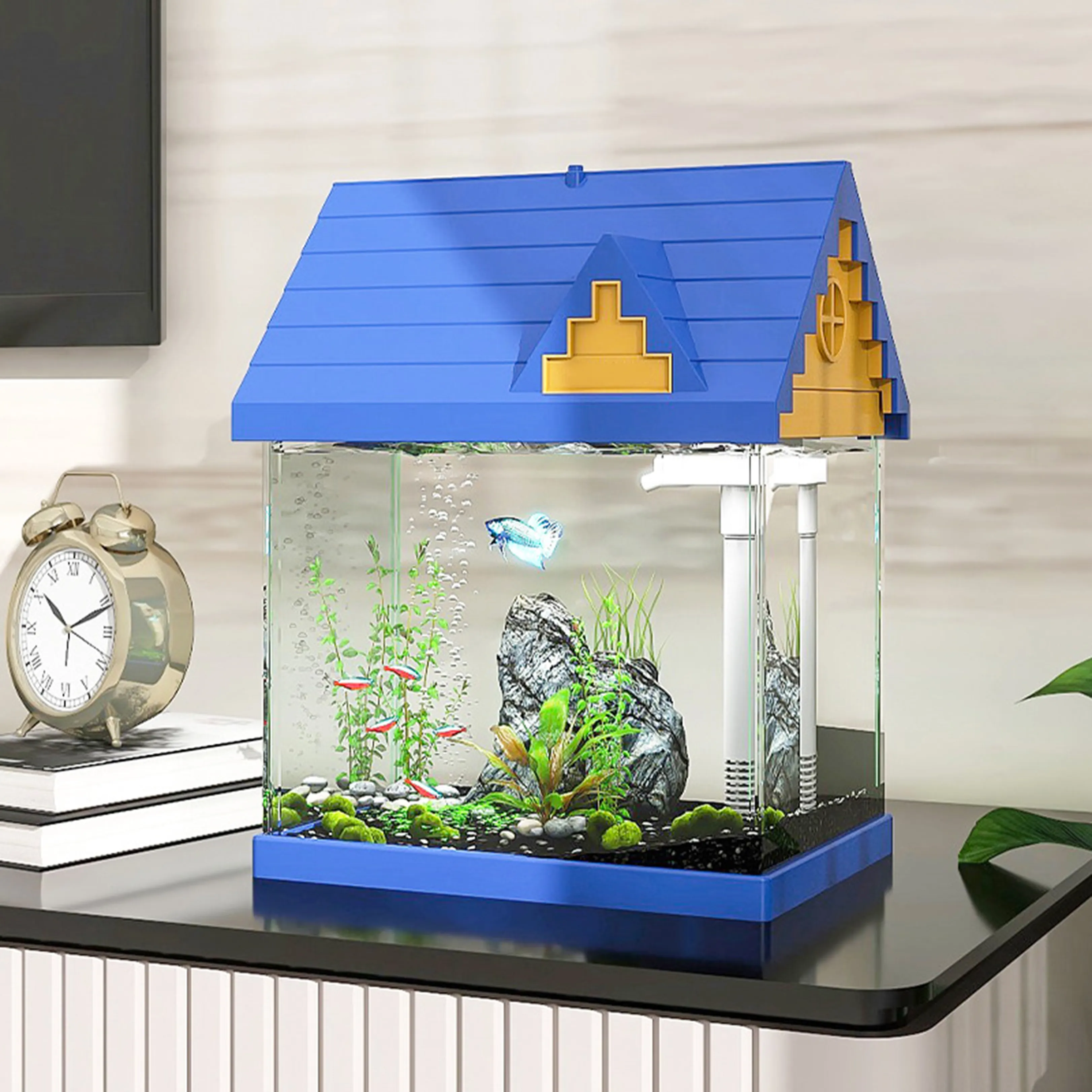 フィルターとLED照明付き水族館水槽透明ガラス水槽卸売OEM水槽オフィスと家庭用