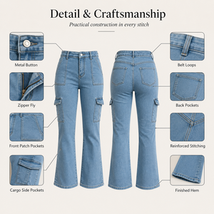 High Waist Medium Wash Denim Flare Skinny <b>Cargo</b> Pants Pockets Full Length Casual Style Women's Jeans Spring Cotton Fabric - Product Image 4