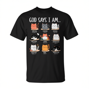Camiseta con diseño de gato y mensaje religioso: Dios dice que soy especial, elegido, único y amado, color negro, unisex, talla adulta - Product Image 2