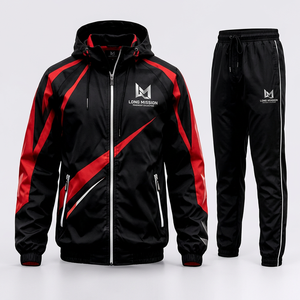 Survêtement à capuche noir et rouge pour homme LONG MISSION, coupe longue, avec cordon de serrage, décontracté, respirant, sportif, coupe-vent, résistant à l'eau - Product Image 3