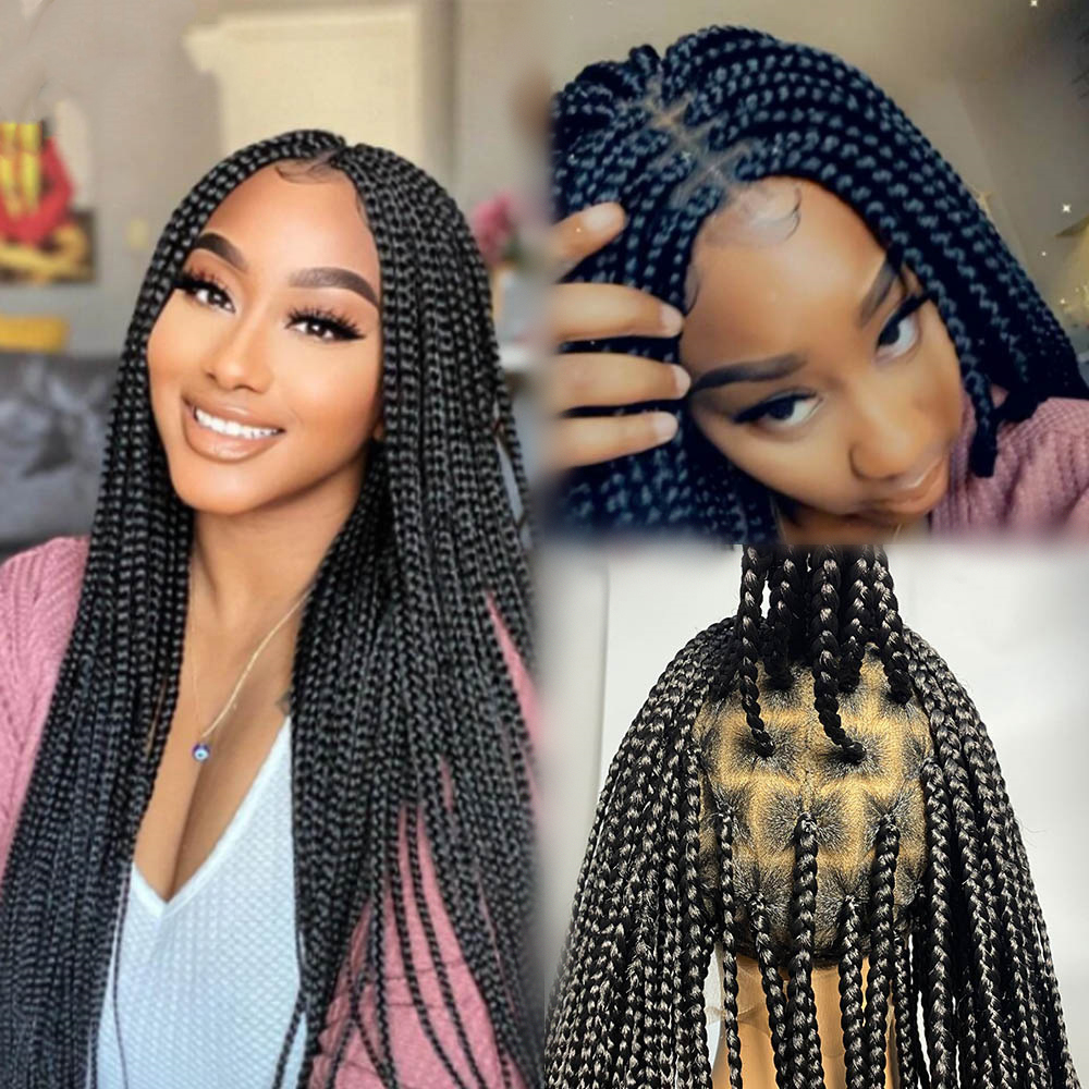 Wholesale new style synthetic cornrow glueless knotless vendors ful lace front box braided wigs with baby hair for black women