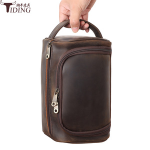 Tiding Genuine Leather <b>Toiletry</b> Bag Dark Brown Rectangle Portable Travel <b>Storage</b> - Product Image 4