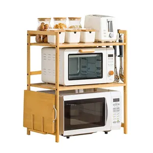 Multi-functional 2 Tier Microwave Oven Shelving Storage Holder Kitchen Wooden Rack Bamboo Microwave Stand With 4 Hooks