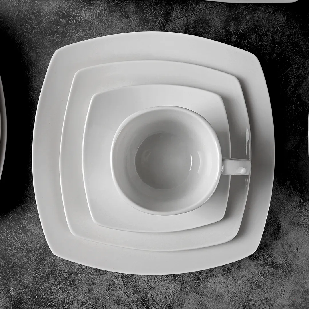 white durable restaurant mariage wedding modern handmade ceramic cup tableware set vaisselle hotel plain white dinner plates