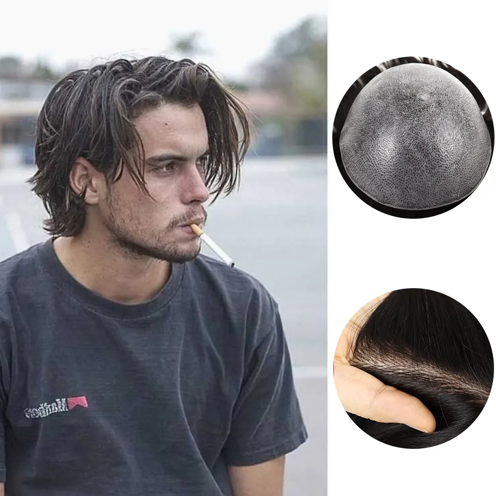 Protesi per capelli maschili 0.12mm iniezione pelle Toupee uomo parrucche durevoli per uomo 100% protesi capillare unità sistema capelli umani