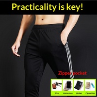 Pantalon de sport long pour homme, idéal pour le basketball, le football et l'entraînement, motif sportif, séchage rapide, taille mi-haute, en polyester avec trois bandes latérales